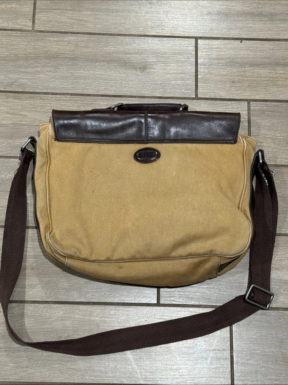 Fossil Canvas Messenger Bag in Tan and Dark Brown Leather